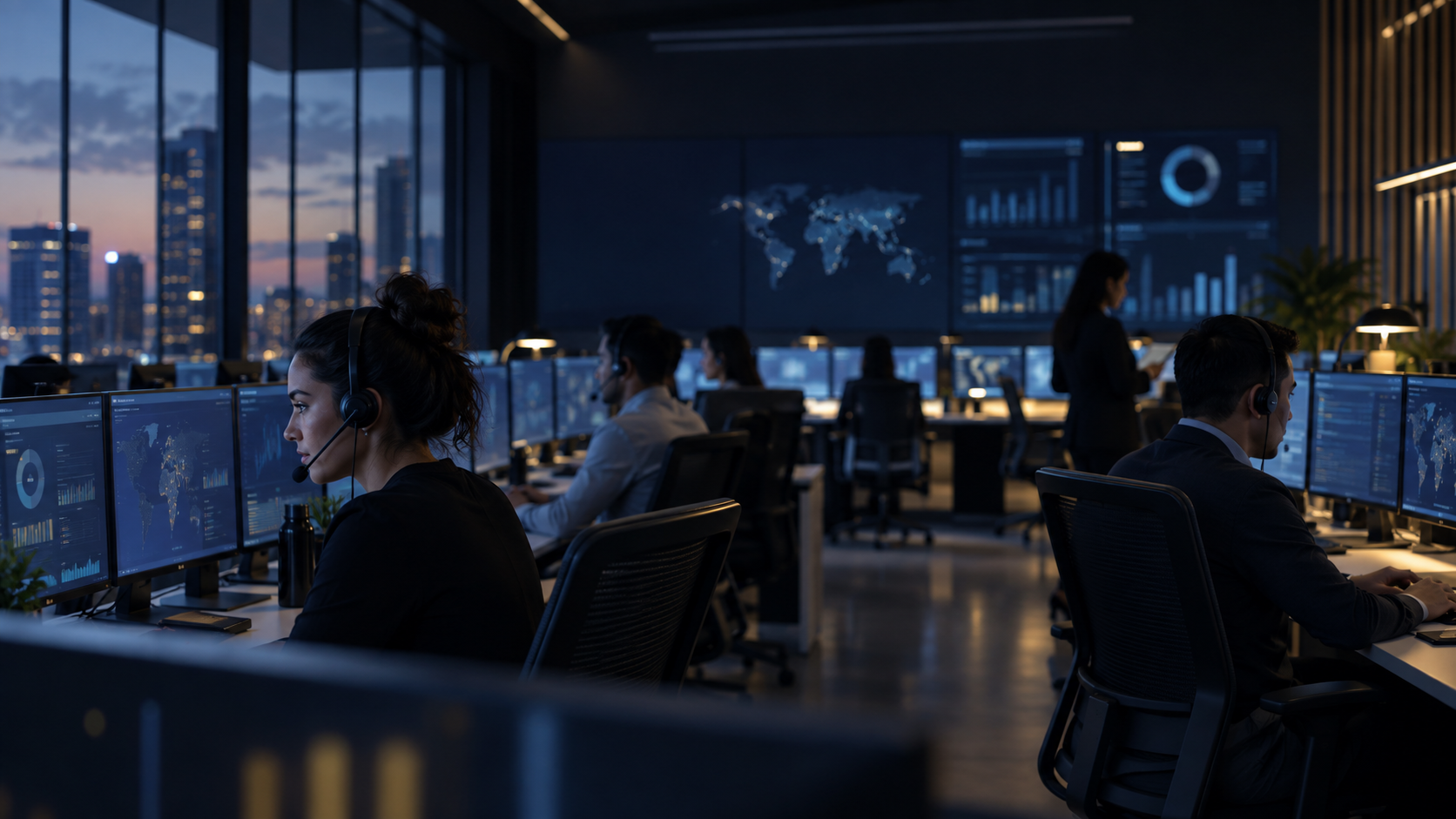 Enterprise contact-center team working from a modern operations floor